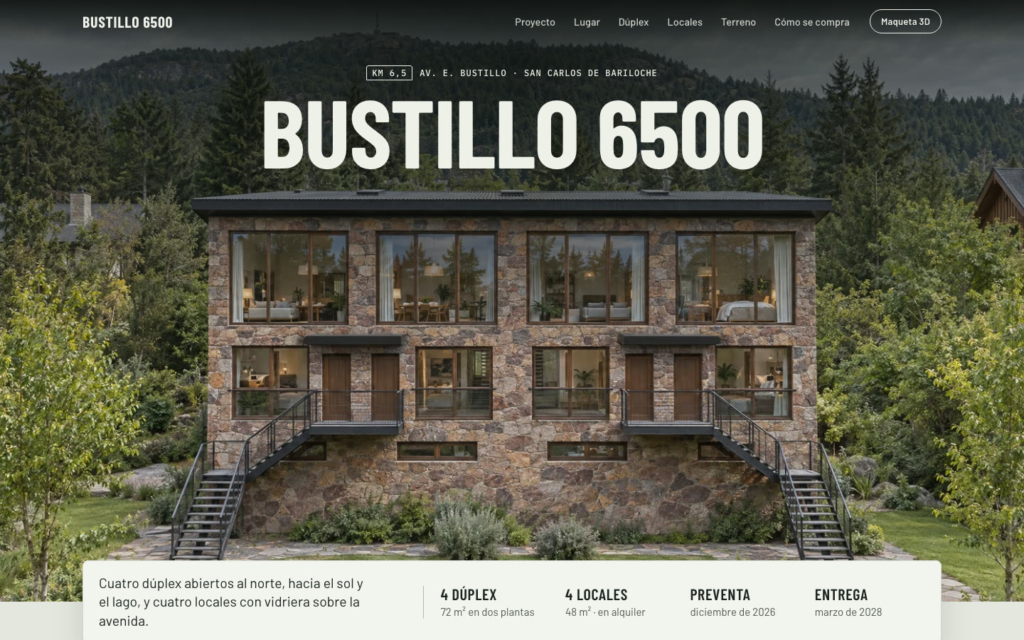 Portada de la página de Bustillo 6500 con el render del edificio
